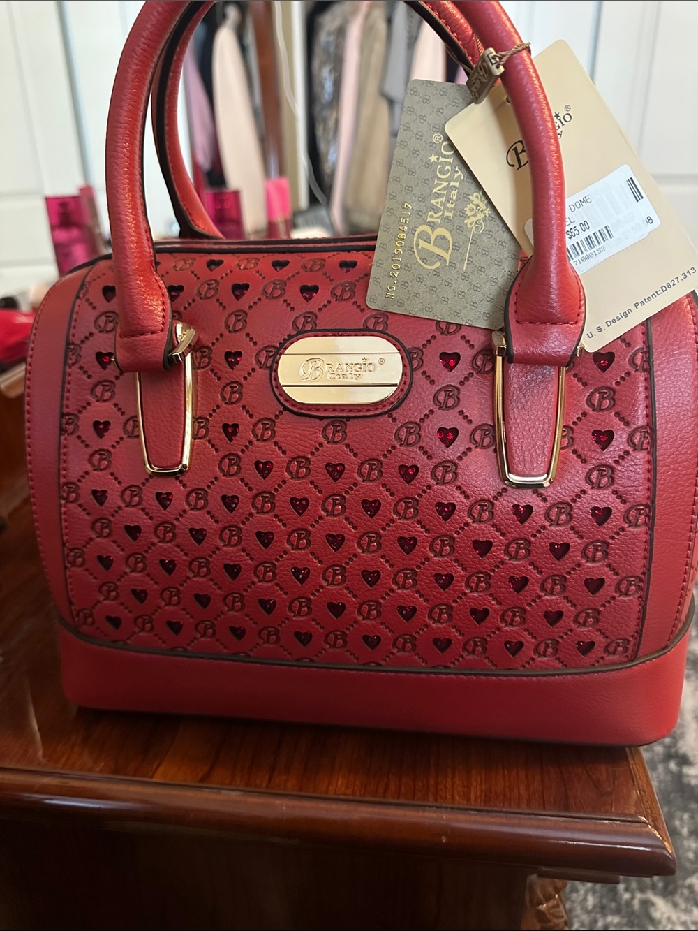 Red Heart-Print Satchel Handbag